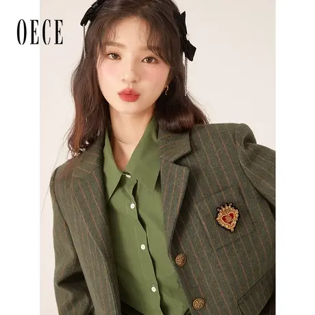 Oece复古条纹小西装外套秋冬季新款女装高级感两件套毛呢套装图片