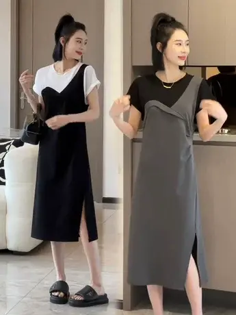法式气质时尚拼接连衣裙女夏季高级感小众设计小个子开叉T恤裙子图片