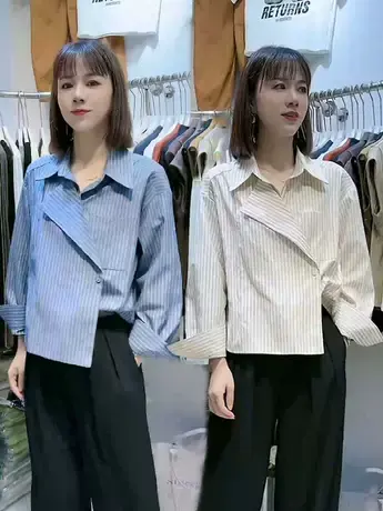 不规则条纹翻领衬衫女2023秋季新款长袖宽松气质通勤休闲别致上衣商品大图