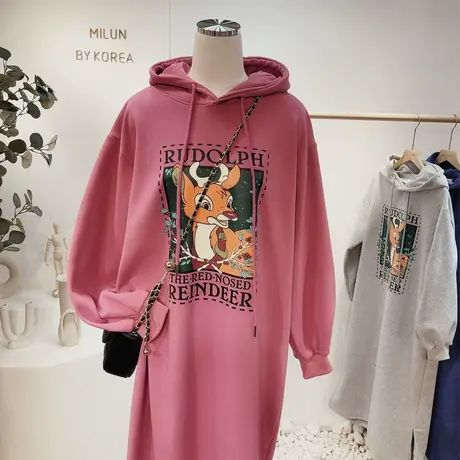 秋冬季款加绒连衣裙卫衣韩国东大门复古花朵长款连帽保暖外套大码商品大图