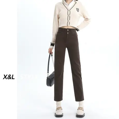 咖色直筒牛仔裤女秋冬季2023年新款高腰显瘦小个子美式阔腿烟管裤商品大图