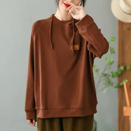 dza复古纯色全棉连帽T恤女士秋冬洋气内搭长袖上衣宽松休闲打底衫商品大图