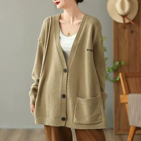 dza复古宽松大V领毛衣外套女秋冬新款宽松针织衫上衣中长款开衫女图片