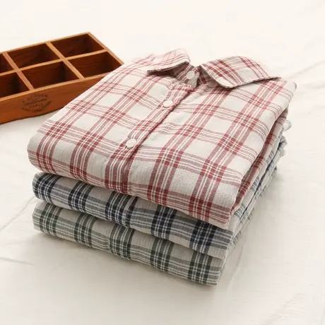 春秋季日系文艺双层棉纱复古格子长袖衬衫女学生宽松百搭打底上衣商品大图