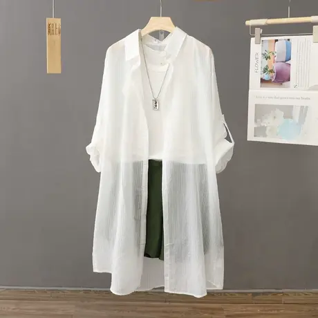 竖条纹白色微透轻薄透气很仙的防晒衫外套女中长款宽松防晒衣开衫商品大图