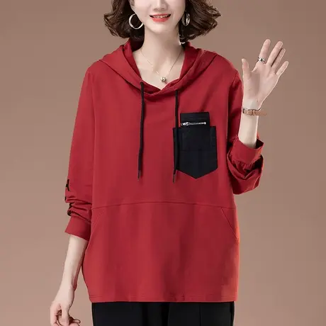 连帽卫衣女春秋宽松加肥加大码女装中年妈妈休闲遮肚红色上衣外套商品大图