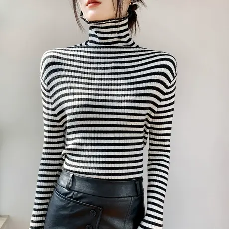 高领黑白条纹打底衫女2023早春新款长袖针织保暖配大衣的内搭上衣商品大图