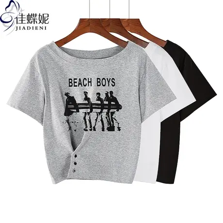 夏季新款圆领短款宽松纯棉印花纯欲两穿纽扣短袖体恤上衣女打底衫商品大图