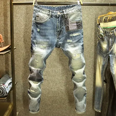 怀旧复古破洞牛仔裤男ins潮牌修身裤子时尚街头痞帅拼接贴布长裤商品大图