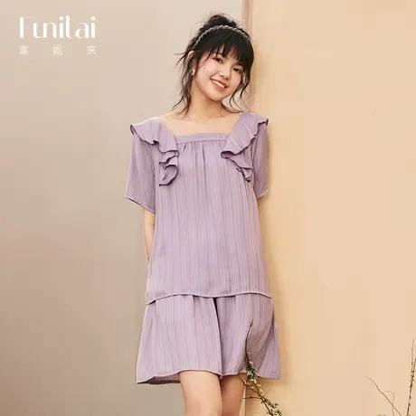 富妮来新款女士方领睡衣春夏季薄款宽松舒适短袖短裤两件套家居服图片