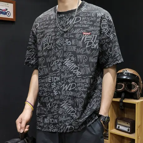 夏季薄款冰丝短袖T恤男2024新款宽松男士速干胖子大码印花体恤潮商品大图