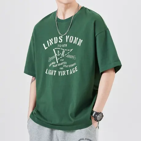 夏季圆领学生短袖男士纯棉t恤男生无领夏日上衣男装青少年体恤衫商品大图