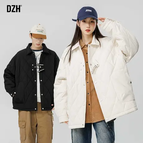 情侣菱形格翻领棉服男韩版潮流冬季2024年新款情侣装棉衣外套棉袄商品大图