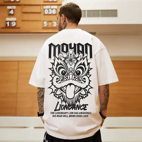 高街潮牌宽松T恤胖子短袖男加肥加大五分袖纯棉醒狮大码男装夏季商品大图