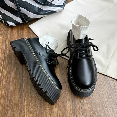 网红爆款圆头复古厚底英伦风小皮鞋女2024夏季百搭黑色马丁单鞋子商品大图