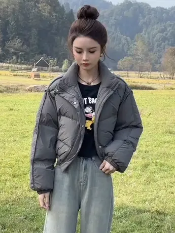 抽绳短款羽绒服女士冬季新款宽松加厚面包服韩版小个子白鸭绒外套图片