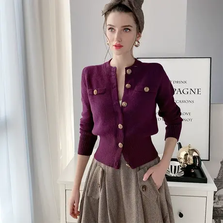 粉红大布娃娃复古短款针织衫女士小香风上衣外搭毛衣开衫外套新款商品大图