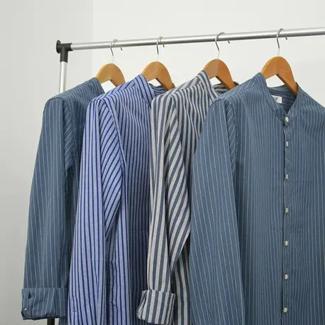 秋季立领衬衫男士长袖纯棉加肥加大码休闲条纹衬衣韩版潮流宽松薄图片