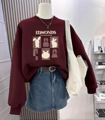 hiphop潮牌酒红圆领卫衣女冬季加绒上衣ins潮大码复古本命年外套商品大图