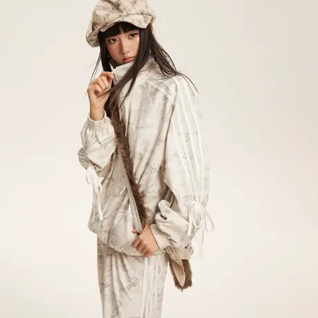 潮牌设计感条纹运动外套女春秋2024新款复古宽松立领夹克小众上衣商品大图