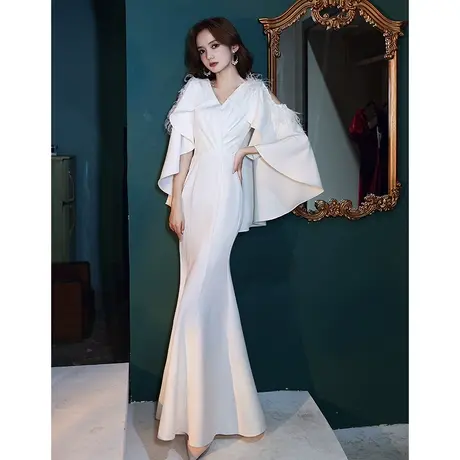 白色晚礼服裙女2023新款名媛宴会高端气质长款修身鱼尾主持人性感商品大图