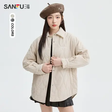 三福厚外套2024春季刺绣装饰翻领保暖短款大衣上衣女装480800商品大图