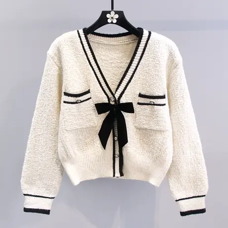 小香风撞色V领毛衣外套女冬季2024新款宽松设计感蝴蝶结针织开衫商品大图