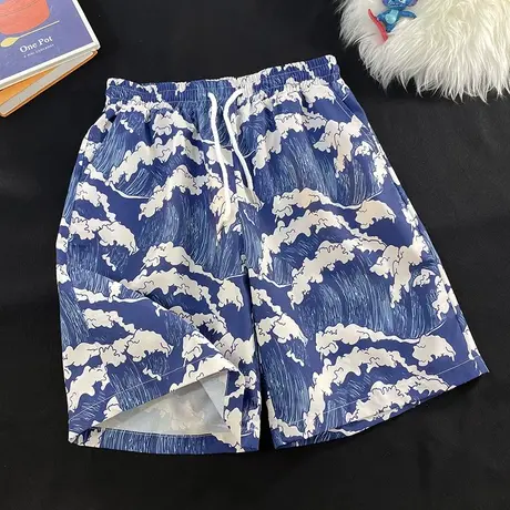 海浪印花短裤男夏季薄款潮牌沙滩裤子休闲居家睡裤五分宽松大裤衩商品大图