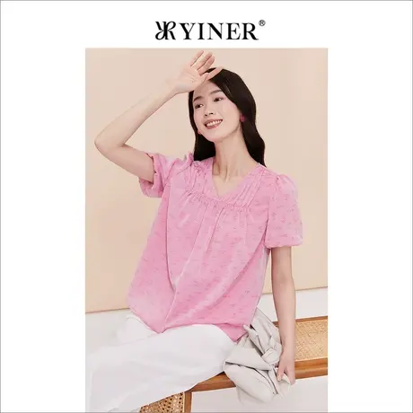 YINER音儿专选女装夏季法式V领收褶衬衫短袖套头上衣图片