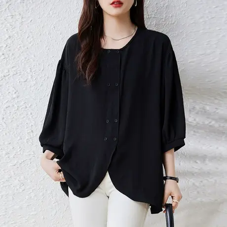 七分袖衬衫女春季新款加肥加大码女装宽松洋气灯笼袖百搭休闲衬衣商品大图