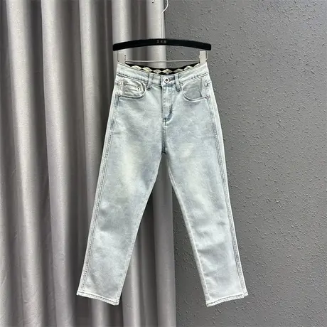 欧货拼接直筒裤女2024春季新款浅蓝色高腰显瘦小个子牛仔九分裤潮图片