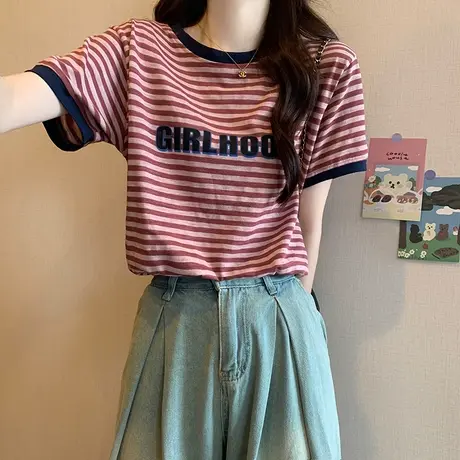 条纹正肩短袖t恤女夏季2023年新款韩版设计感小众显瘦上衣小个子图片