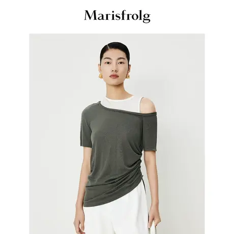 【商场同款】玛丝菲尔2023年夏季新款桑蚕丝假两件式抽褶针织上衣商品大图