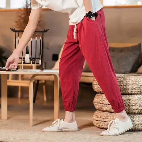 夏季中国风亚麻九分裤男士加肥大码休闲裤收口棉麻宽松潮哈伦裤子商品大图