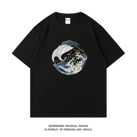 白鹤海浪国潮印花短袖T恤夏季圆领半袖纯棉宽松休闲半袖体恤衫图片