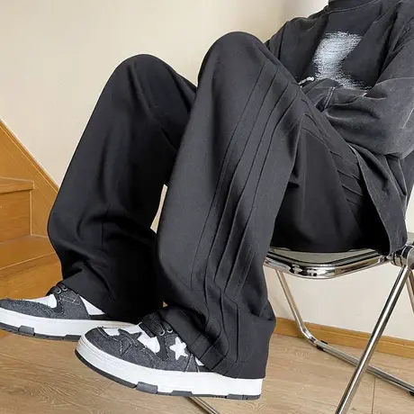 加绒卫裤男秋冬新款百搭潮牌褶皱垂感直筒裤美式宽松高街休闲长裤图片