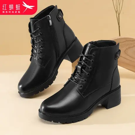 红蜻蜓2023冬季新款保暖舒适妈妈鞋圆头气质短靴黑色方跟棉鞋女商品大图