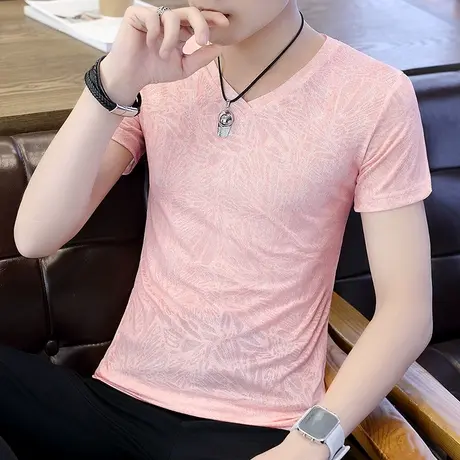 夏季男士短袖t恤V领半袖体恤打底衫学生潮流冰丝纯色男装上衣服T商品大图