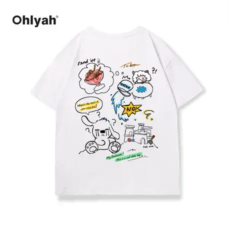 Ohlyah趣味吃货小羊涂鸦印花白色短袖T恤男女ins国潮牌休闲五分袖商品大图