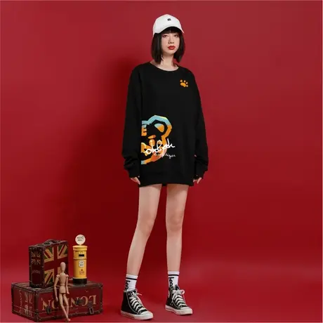 Ohlyah蓝白涂鸦半脸小老虎印花宽松卫衣女秋冬情侣潮牌虎年本命年商品大图