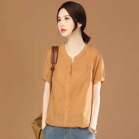韩潮袭人高级感立领纯色短袖女士衬衫2023夏新款设计感小众衬衣薄商品大图