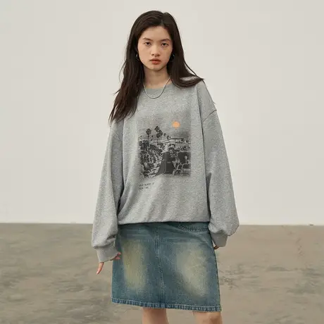 omont蛋挞家 复古圆领印花卫衣女2023秋季新款宽松慵懒休闲上衣商品大图