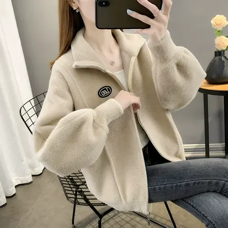 2023年新款秋冬宽松针织衫女装拉链开衫女水貂绒毛衣短外套女上衣图片