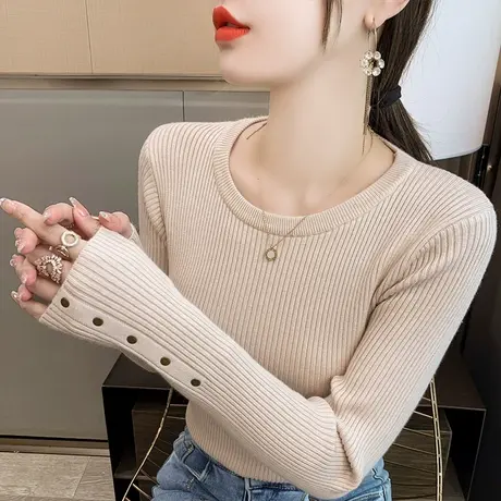 圆领毛衣女加厚打底衫2023秋冬新款套头修身铆钉针织衫内搭上衣潮商品大图