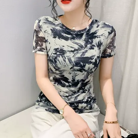 水墨画印花短袖上衣女2023夏季新款气质修身小衫时尚圆领网纱T恤商品大图