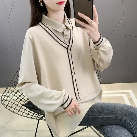 爆款2023新款秋季女装polo领假两件针织衫女宽松遮肉长袖毛衣上衣图片