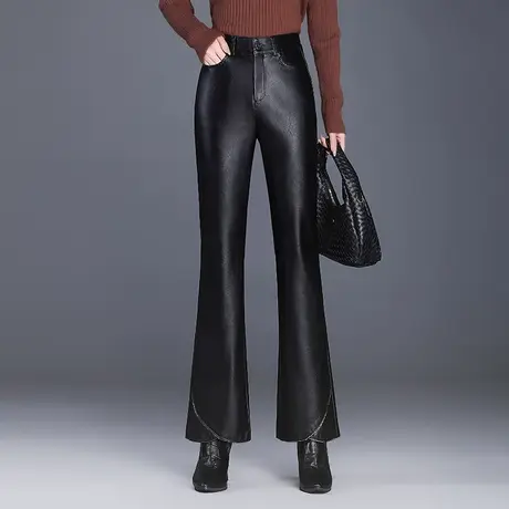 黑色微喇皮裤女2023秋季新款韩版高腰显瘦长裤通勤喇叭裤子休闲裤图片