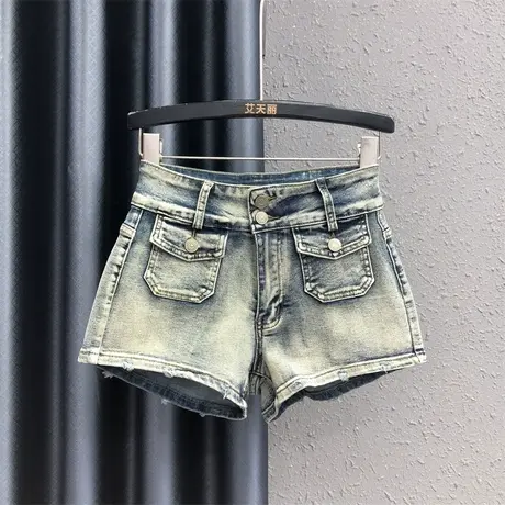 复古口袋工装裤辣妹高腰牛仔短裤港潮新款显瘦破洞a字阔腿裤女秋商品大图