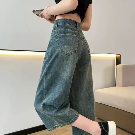 七分阔腿牛仔裤女夏季2023年薄款高腰宽松显瘦复古小个子直筒裤潮商品大图