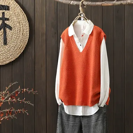 枫谜秋季新款无袖纯色针织马夹背心韩版文艺外穿毛线坎肩图片